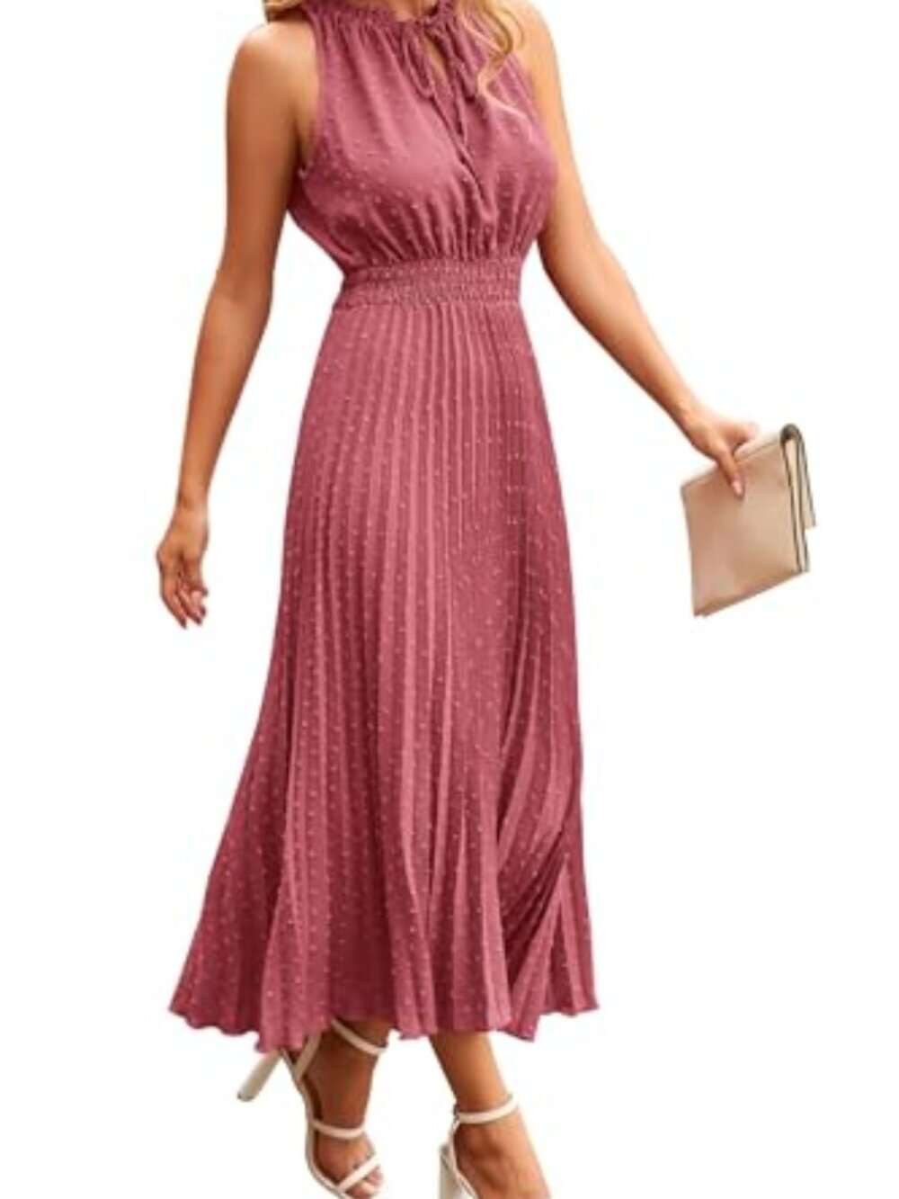 🆕 Womens Midi Summer Dresses Casual V Neck Swiss Dot Ruffle Sle - Bean Paste